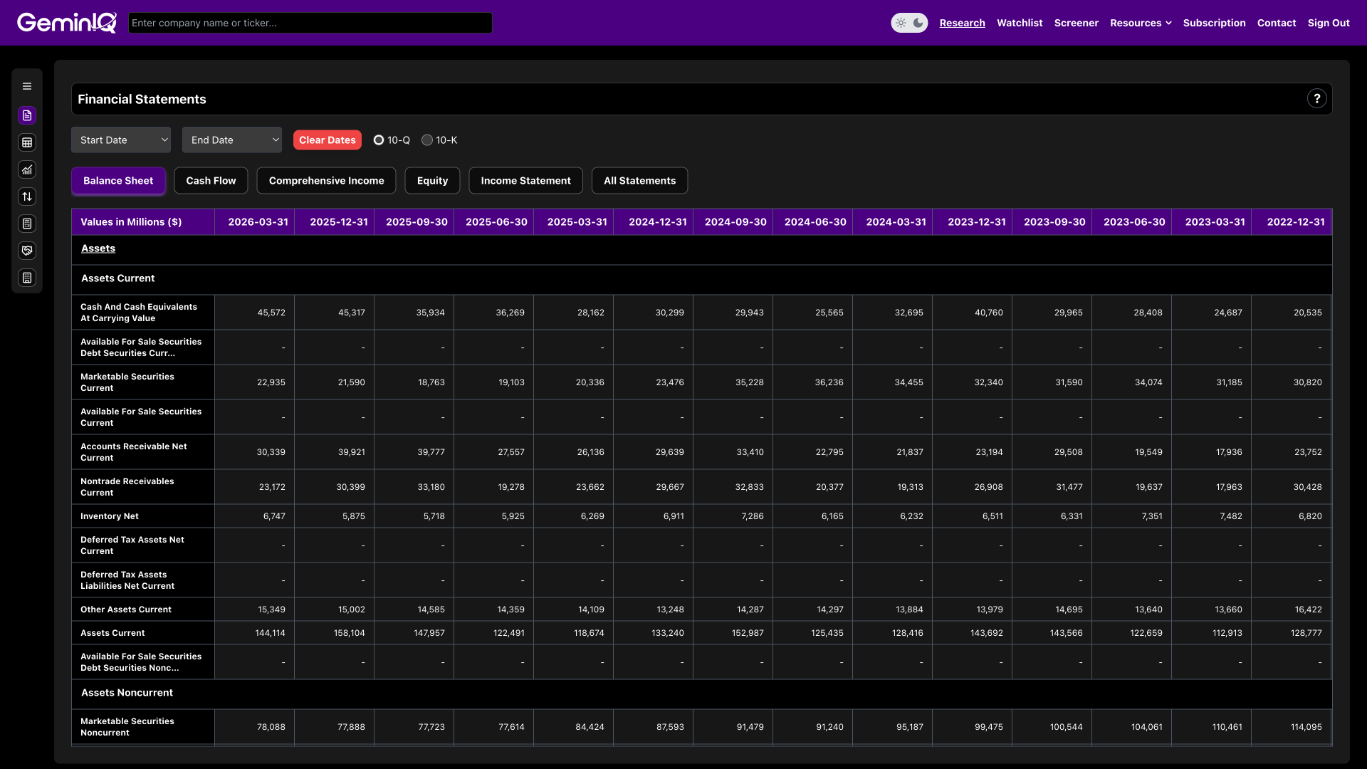 Financial Statements Screenshot